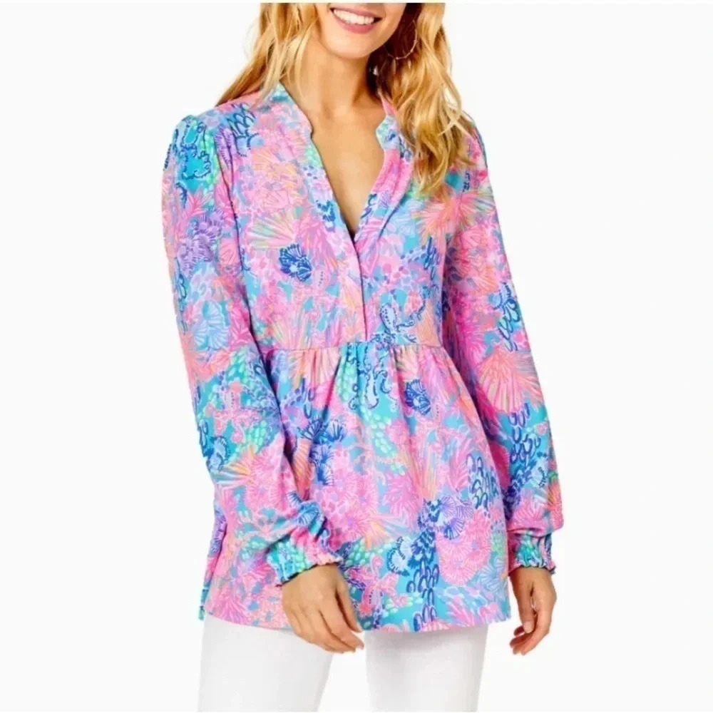 Ocean theme,empire waist,top,pink,blue Lilly Pulitzer WIONA XS,,EC, soft jersey